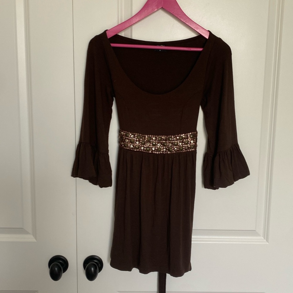 OLIAN Maternity Brown Jeweled Waisted Princess Tunic